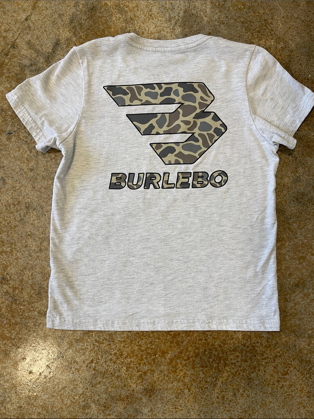 BURLEBO Light Heather Gray Tee with Olive Camo Logo